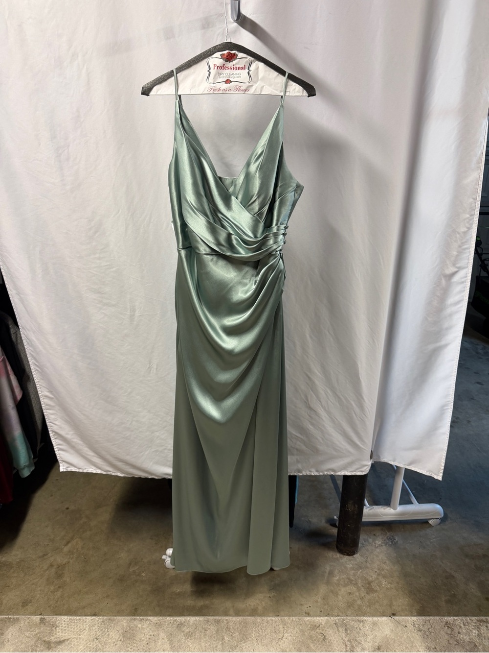 Satin Draped V-Neck Maxi Dress in Sage Green